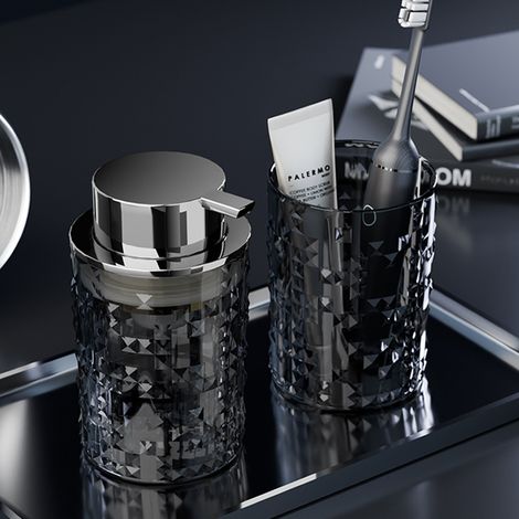 Dispenser di gel igienizzante mani in schiuma con flacone a pompa in vetro trasparente ricaricabile. Adatto per liquidi o lozioni. Moderno dispenser in schiuma per il bagno. (1/5)