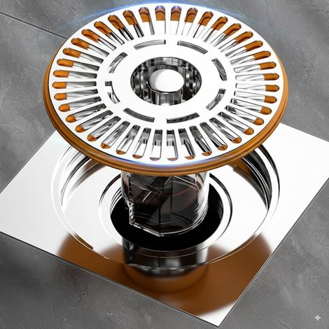 Siphon de sol en acier inoxydable pour salle de bain avec filet filtrant, anti-odeurs, ventouse magnétique pour drainage direct (orange) (1/5)