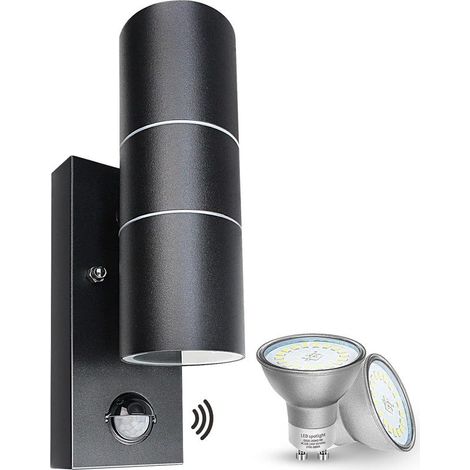 Wall light Outdoor/Indoor, Detector of Movement Black 5W,Fixture Outdoor LED Modern Up and Down 500lm White Warm 3000K IP44 Waterproof With 2x GU10 Bulbs (1/5)