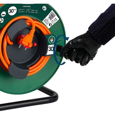 Rallonge Prolongateur, 30 MT, Prise/connecteur EU, Pour le Jardine, avec Protection et Tambour Fixe, Section de câble 2x1,5 mm
