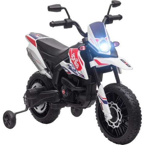 Moto électrique enfants sous sous licence Aprilia avec 2 moteurs 12 V, roues d'entraînement, lumière LED, musique - blanc