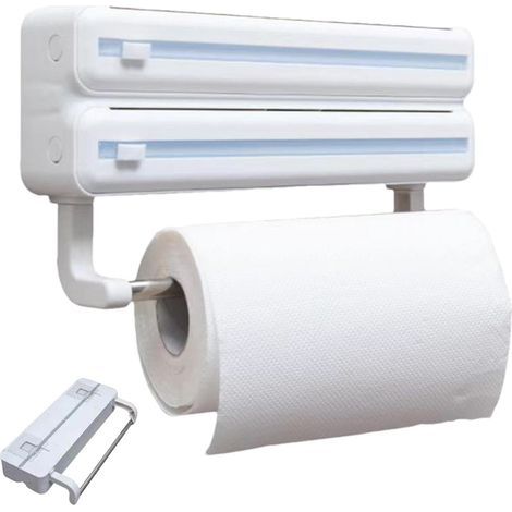 Distributeur de film étirable, coupe-film étirable, distributeur de papier d'aluminium, support mural de cuisine en aluminium, avec boîte de rangement – Comprend un cintre pour mouchoirs, des aliments (1/5)