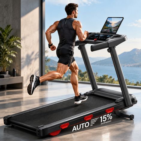 Tapis de course – Moteur 3,0 CH – Pente auto 15% – 160 kg – 12 km/h – 4 modes – Amorti 7 couches – Pliable (1/5)
