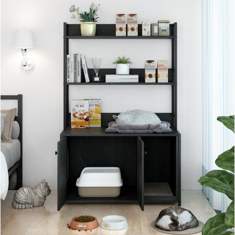 Mueble cubre arenero para gato con estantería, MDF y metal, negro HAVRYA (1/5)