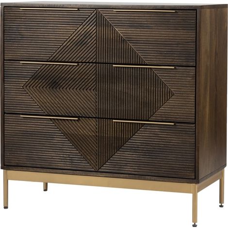 Zaine Carving 3 Drawer Chest - Mango Wood - L40 x W81.5 x H80.5 cm - Dark Finish - Assembly Required