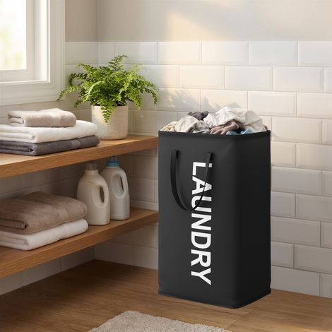 Panier à Linge Pliable, 80 L, avec Poignées, pour Salle de Bain, Buanderie, en Tissu Oxford, Noir (1/5)