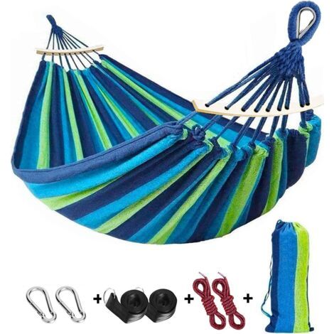 Hamac double balançoire en coton 200 x 150 cm 2 personnes grand anti-roulis brésilien avec barre d'écartement, charge 300 kg pour camping jardin avec sac de transport sangles d'arbre cordes B (1/5)