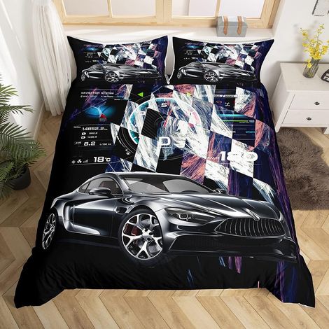 Enfants Construction Parure de Lit 140x200cm Hommes Sports Extrêmes Thème Housse de Couette Moderne Automobile Décor Ensembles de Housse de Couette Plaid Grille Voiture De Course Chambre 2Pcs - 140 x (1/5)