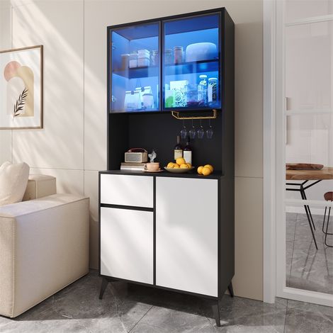 Argentier vitrine LED - 80x40x180 cm - Buffet haut vaisselier moderne chic portes en verre porte-verres - Noir et Blanc (1/5)