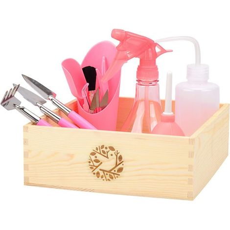 Ensemble de 14 mini-outils de jardinage avec coffret en bois pour plantes succulentes et rosiers. (1/5)