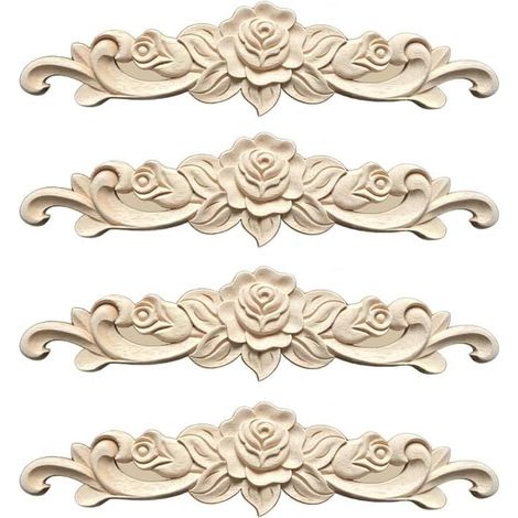 Moulure Decorative Bois 4 Pièces Sculpture Bois Moulure Rosace Decorative pour Décoration Meuble de Cuisine Meubles,30  7cm