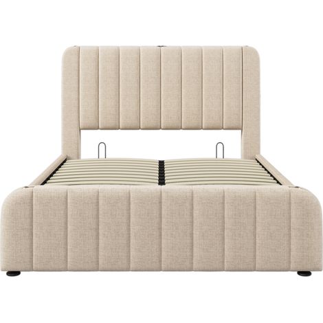 Cama doble tapizada beige 140 x 190 cm con USB-C y estructura de metal y madera (1/5)
