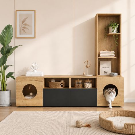 Mobile TV con spazio per gatti e scaffale alto, legno ingegnerizzato, nero/naturale, 185 cm (1/5)