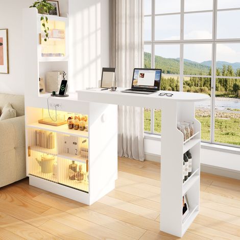Meuble bar extensible 131 à 170 x 40 x 170 cm - éclairage led - ports usb et usb c - prise électrique intégrée - mdf - blanc (1/5)