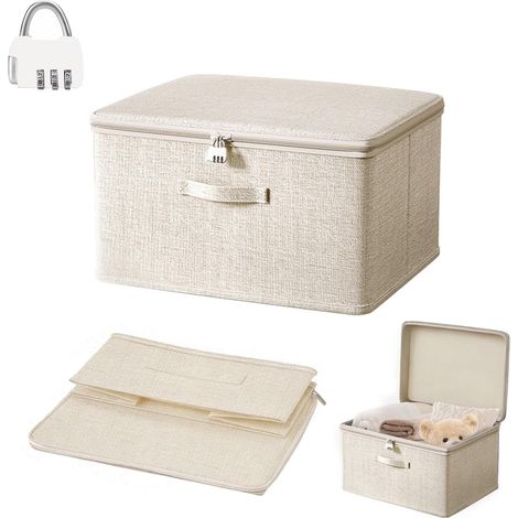 Boîte de Rangement Verrouillable avec Couvercle en Tissu, 30x20x14 CM Boîte Rangement Verrouillable avec Couvercle, Empilables Lockable Storage Box pour Recevoir MéDicaments VêTements (Blanc) (1/5)