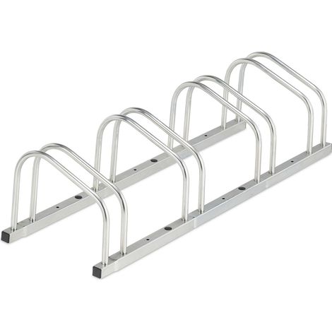 Relaxdays Floor Bike Rack, for 4 Bicycles, Wheel Width up to 50 mm, Metal, Outdoor Parking Stand, Garage, Steel, Silver