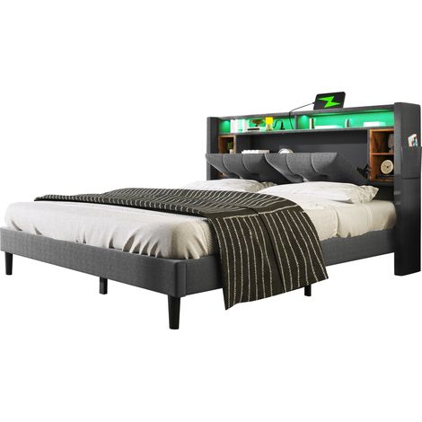 Letto Matrimoniale Imbottito con Vani, USB, 2 Prese e LED, 140 x 200 cm, senza Materasso, Grigio (1/5)