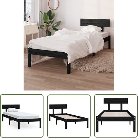 The Living Store Massivholzbett Schwarz Kiefer 90x200 cm - Holzbett - Kiefernholzbett - Singlebet - Doppelbett - Bett Mit Kopfteil (1/5)