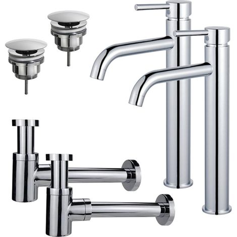 FugaFlow Eccelente Sobrado Kit robinet lavabo - pour double vasque - bonde non-obturable - siphon design bas - Chrome brillant (1/4)