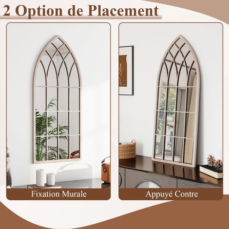 Miroir mural fenêtre gris rustique arqué 115 x 50 cm avec cadre en métal et verre anti-explosion pour salon, entrée et jardin (1/5)