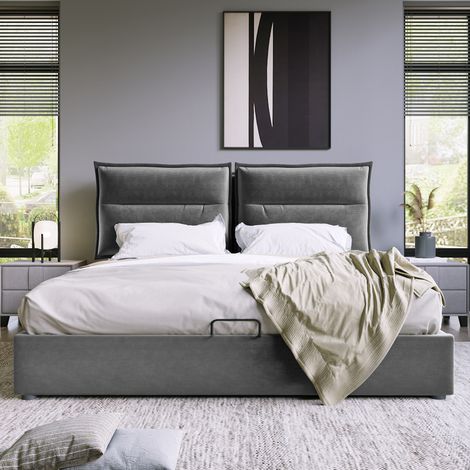 Lit rembourré hydraulique double 140x200 cm, tête de lit réglable, lit avec sommier à lattes en cadre métallique, velours, cadre de lit moderne avec rangement, grand espace de rangement, gris (sans ma (1/5)