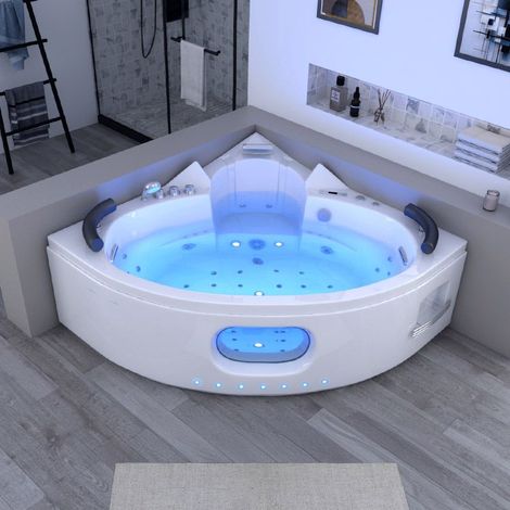 Distribain – Baignoire balnéo d'angle 140x140cm – 48 jets – 2 places – Acrylique renforcé – Chromothérapie et Bluetooth