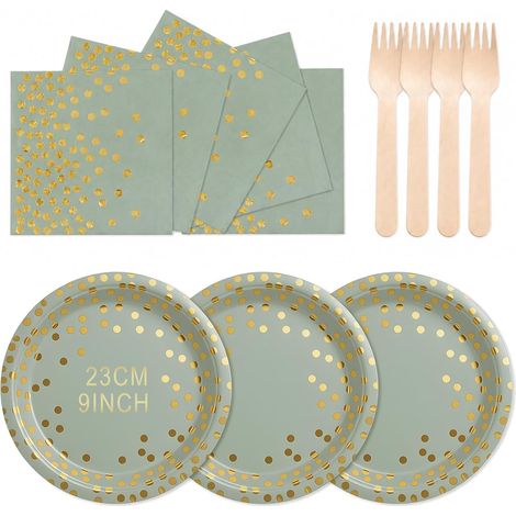 Vert Sauge Or Vaisselle Jetable Anniversaire pour 24 Personnes (1/5)