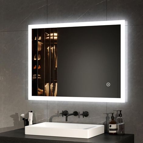 Miroir de Salle de Bain, Miroir LED, 90x70cm, Miroir de Salle de Bain Rectangle avec Interrupteur Tactile, Anti-buée, Lumière Blanche Froide (1/5)