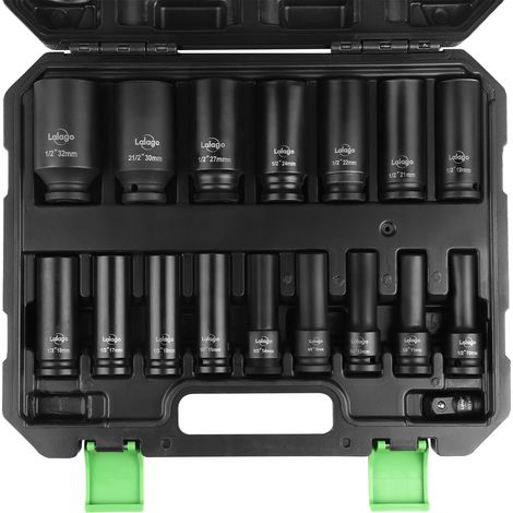 17 Pièces Douilles à Chocs 1/2" 10-32 mm, Coffret de Douille Longue Hexagonales CR-V, Clés à Douille avec Adaptateur 3/8'' à 1/2'', Douilles Métriques 6 Points pour Pneumatiques et Électriques (1/5)