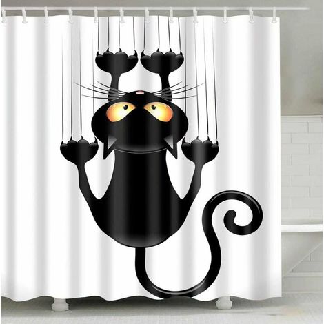 Rideau de Douche à Assembler soi même, Motif Chat Humoristique, avec Crochets (Chat Noir, 150x180)