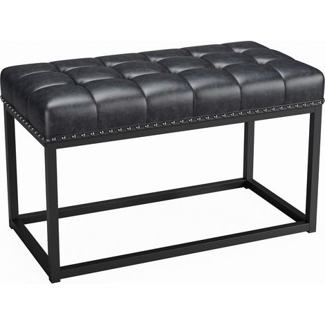 CAIziBanc vintage rembourré de 36" avec assise en cuir synthétique capitonnée à boutons, banc de salle à manger à structure métallique industrielle pour entrée, chambre, salon ou pied de lit (noir)