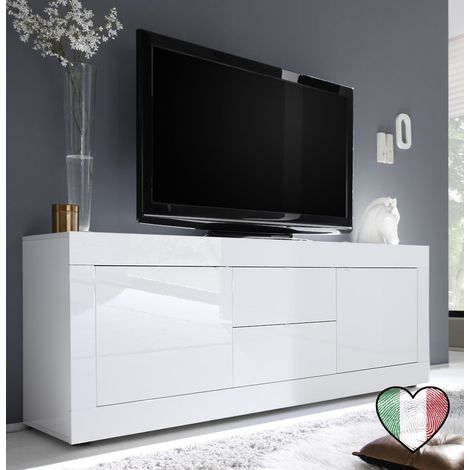 Credenza soggiorno 2 ante e 2 cassetti, Bianco laccato lucido L. 210 cm - Basic (1/2)