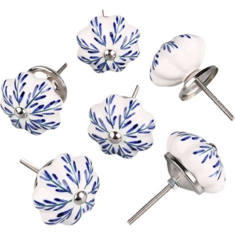 Lot de 6 poignées de porte/tiroir vintage style shabby chic, en céramique peinte à la main, motif floral blanc et bleu, en forme de citrouille. (1/5)
