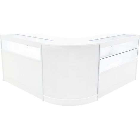 Set Mostradores Comerciales "ADONIS"  Blanco B1200+C1200+CM60  MDF y vidrio templado  Estantes y puertas corredizas con cerradura  Fácil Montaje  Mostrador Recepción Expositor Comercial Mesa