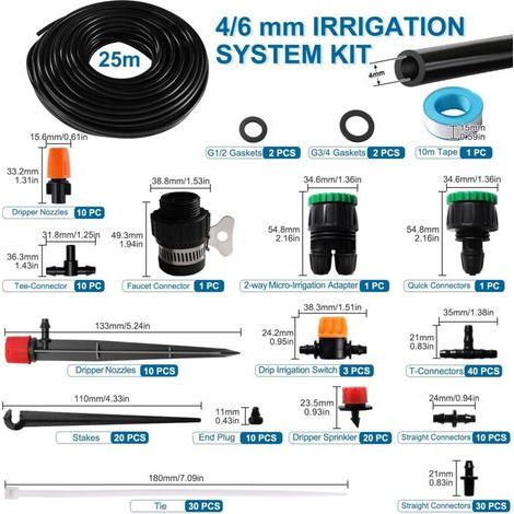 202 Pièces 4/6 mm Kit d'irrigation Goutte, 25m Tuyau d'irrigation, Systeme Irrigation, avec Raccords Cannelés Droits, Connecteurs en T, Bouchons d'extrémité, pour Jardin, Plantes (1/3)