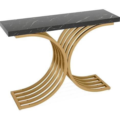 Table console étroite avec plateau effet marbre et structure métallique dorée pour salon (1/5)