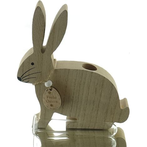 Riffelmacher & Weinberger – Lapin de Pâques assis avec vase tube à essai – Bois naturel et verre, H 16 cm