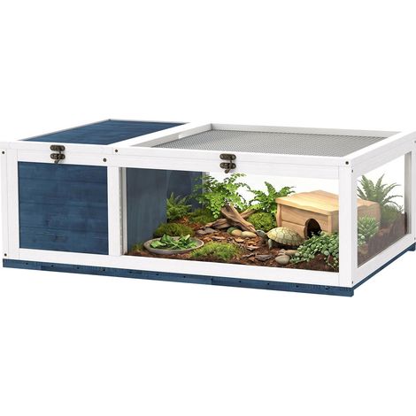Enclos pour Tortue Habitat en Bois Massif Cage avec Niche et Espace Grillagé 2 Zones 91x60,5x32 cm Bleu (1/5)