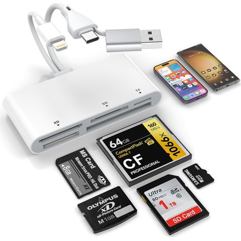 Lettore di schede di memoria 5 in 3, connettori Lightning, Type-C e USB-A, tre slot per SD/TF/CF/Micro-SD/XD/MS, USB OTG, lettore multi-scheda per iPhone/iPad/Android/MacBook/P (1/5)