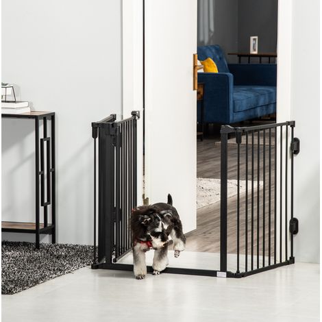 Cancello per cani con porta automatica, pieghevole, 3 pannelli, 202,5 x 76 cm, nero (1/5)
