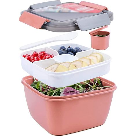 Salad Container - 1500 ml - 3-Compartment Bento Box with Separate Dressing Compartment - Microwave Safe (Base Only) - Dishwasher Safe - Includes Fork and Sauce Container (1/5)