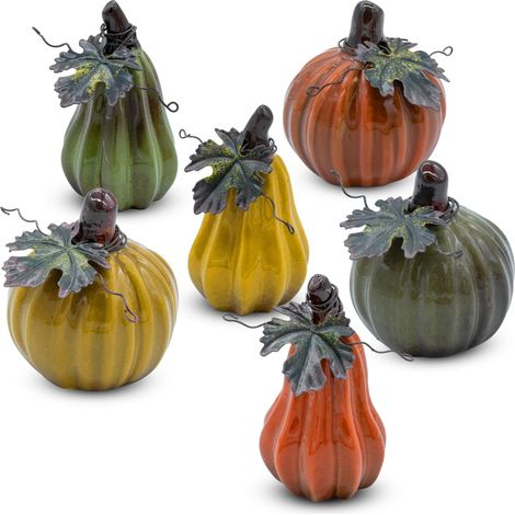 Deko Kürbis aus Steinzeug farbig lasiert für Außen und Innen - 6er Set  - Herbstdeko Zierkürbis aus Ton zum Hinstellen 8cm und 10cm