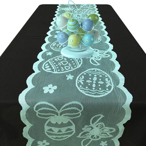 Ostertischdecke: Ein Tischläufer mit Hasen- und Frühlingsmotiven, ideal für Zuhause, Esszimmer und Partys, in Blau. (1/4)