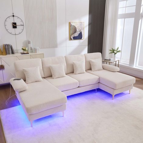 Canapé en U 265 x 135 x 88 cm - Velours beige - LED, USB-C, 4 coussins (1/5)