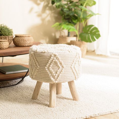 SACHA - Tabouret rond 40x40cm laine motifs losanges ivoire pieds bois (1/5)