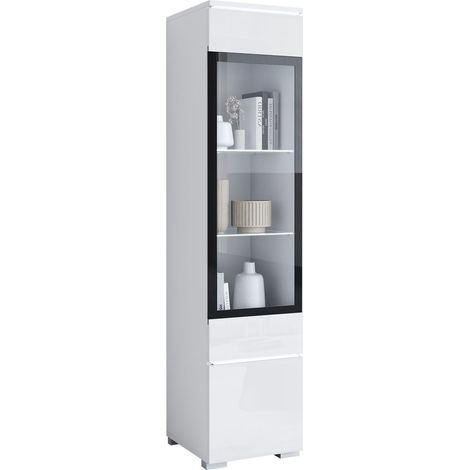 Estantería Mirfivo 109, Blanco + Blanco brillante, Aglomerado laminado, Vidrio templado, 132x30x33cm, Número de puertas: 0, Número de cajones: 0, LED (1/5)