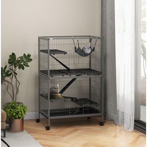 Cage pour petits rongeurs à 4 niveaux, 4 plateformes, 3 rampes et 4 portes, acier gris HAVRYA (1/4)