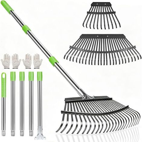 Râteau de Jardin 2-en-1 avec Gants, Râteau à Feuilles Métal 191cm Réglable, Set Grand (45cm) et Petit (22cm) pour Pelouse, Manche Acier Inoxydable, Vert (1/5)