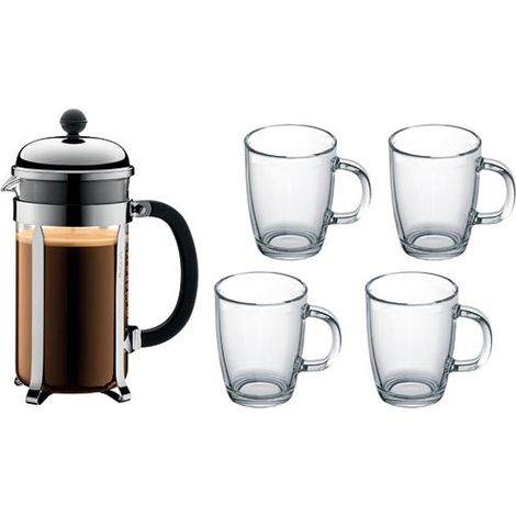 BODUM Cafetière à piston 8 Tasses Chromée & Noire - Chambord + 4 mugs 35 cl (1/3)