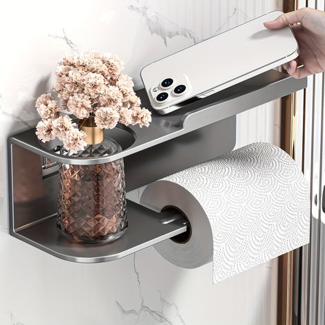 Lot de 2 porte-essuie-tout muraux sans perforation, organiseur de salle de bain multifonctionnel, gris (1/5)